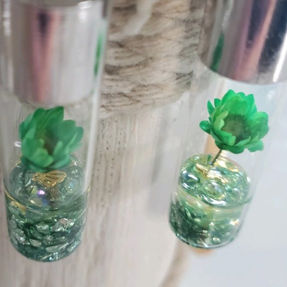 Green Wish Flowers Glass Bottle Dangle Earrings - Picture 2 of 12